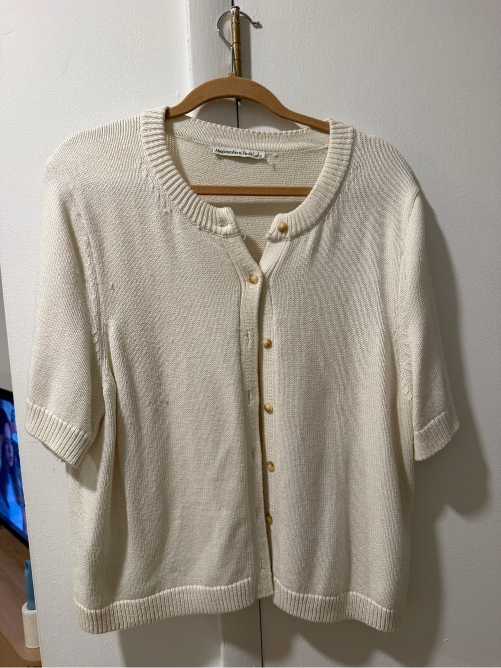 Abercrombie Cream Short-Sleeve Knit Cardigan Sweater